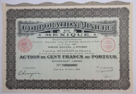Акция Corporation Miniere du Mexique, 100 франков, Франция